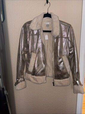Design History Metallic Silver Bomber Jacket with Cream Faux-Shearling Trim